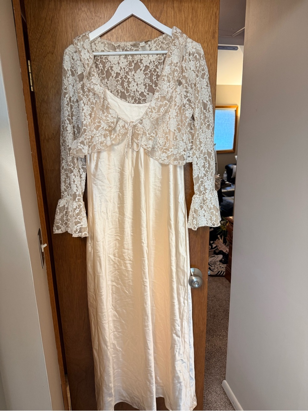 Lace-Overlay Cream Maxi Dress with Ruffle Sleeves